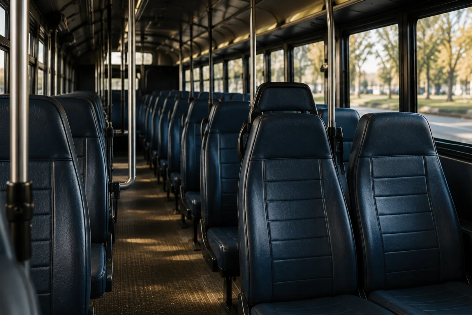 Rows of upholstered passenger seats inside a coach interior