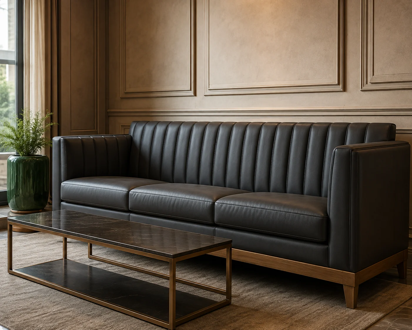 Upholstered bench and built-in seating along a law office corridor