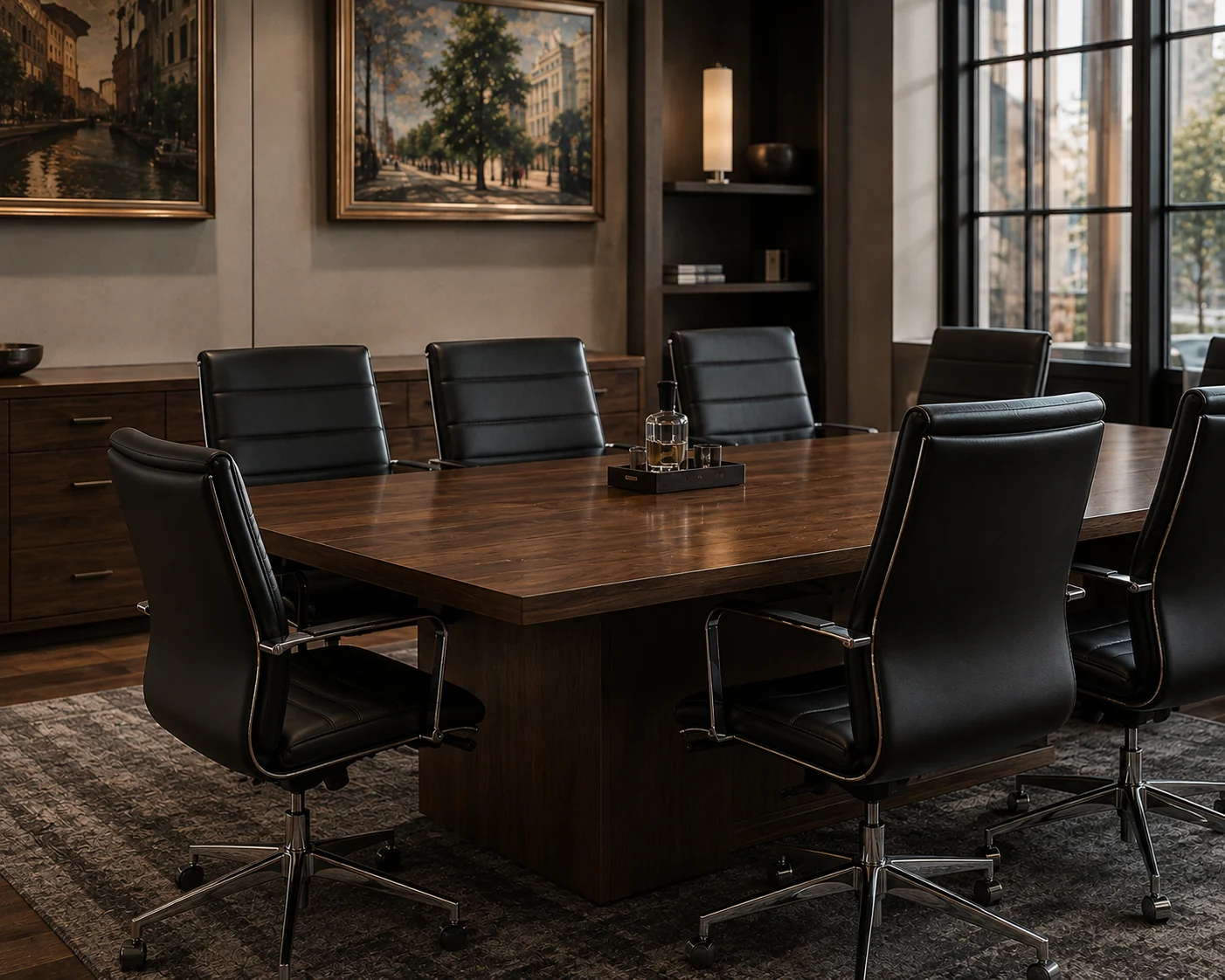 Black leather conference chairs around a walnut boardroom table