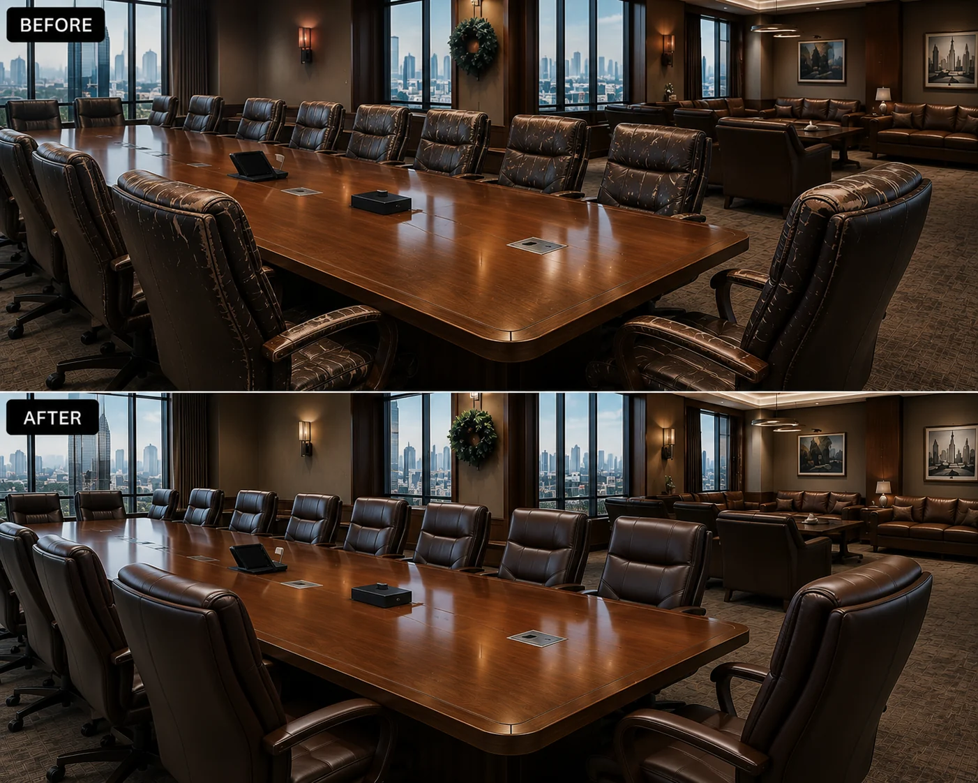 Law firm boardroom chairs before and after a full set restoration