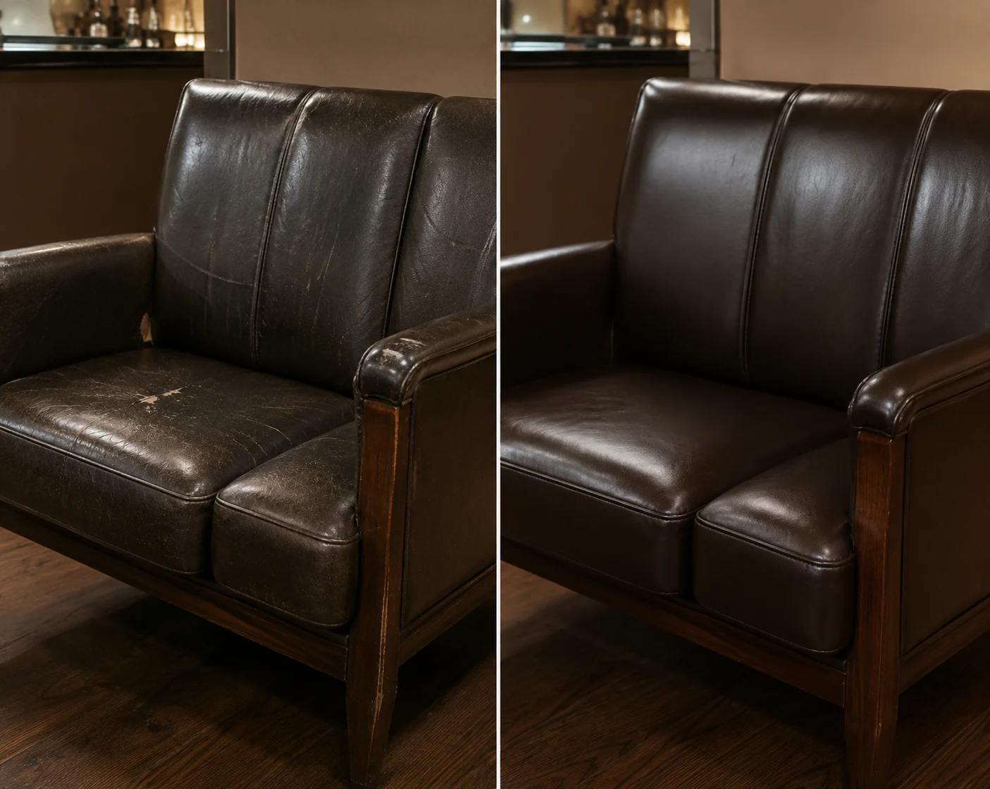 Split seam on a law office chair before and after restitching