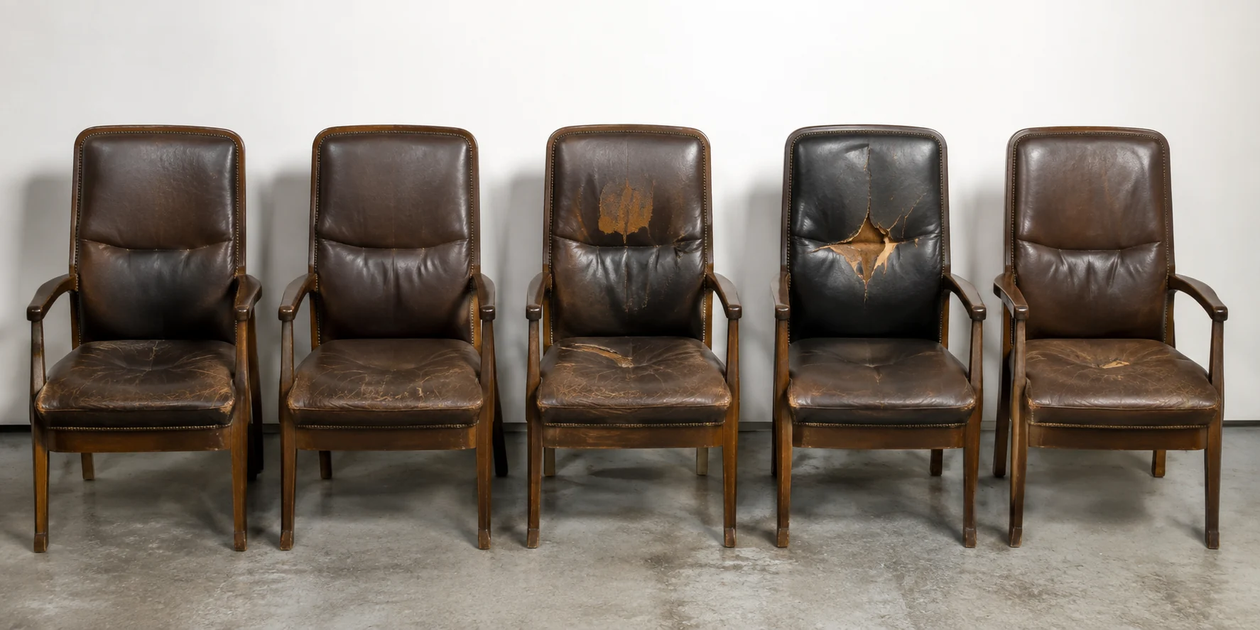 Row of matching law office chairs with one worn seat breaking the set
