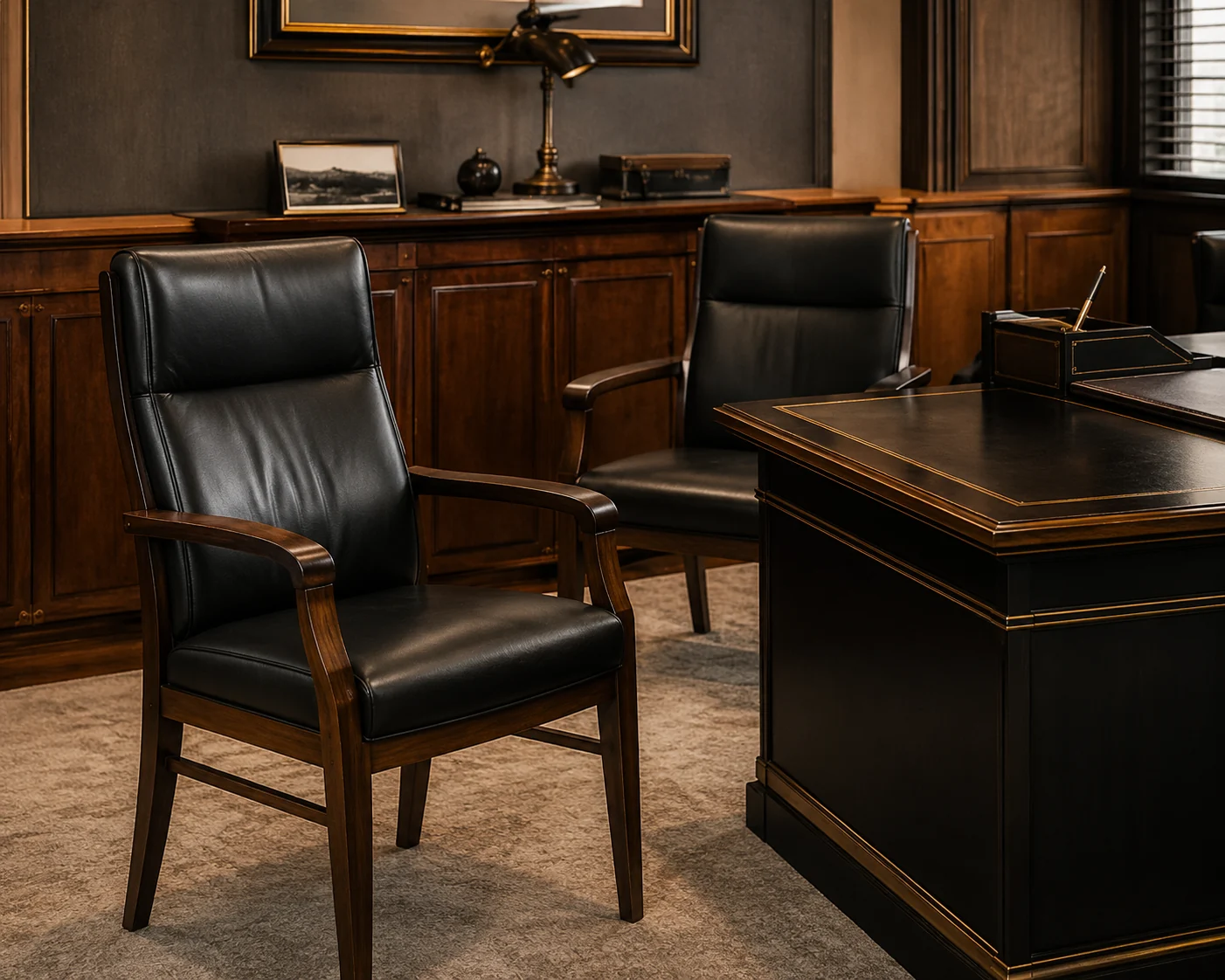 Pair of leather client guest chairs facing an attorney's desk