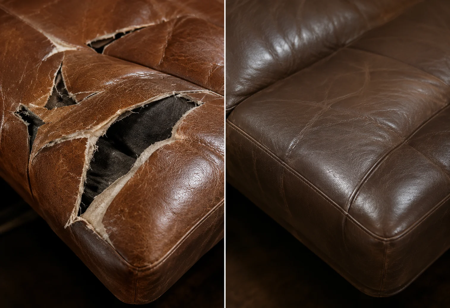 Worn conference chair arm before and after leather repair