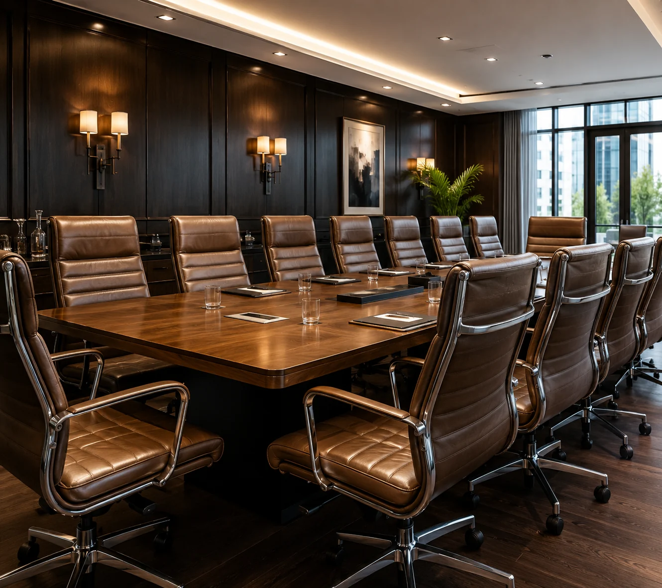Black leather conference room chairs around a boardroom table in a law office