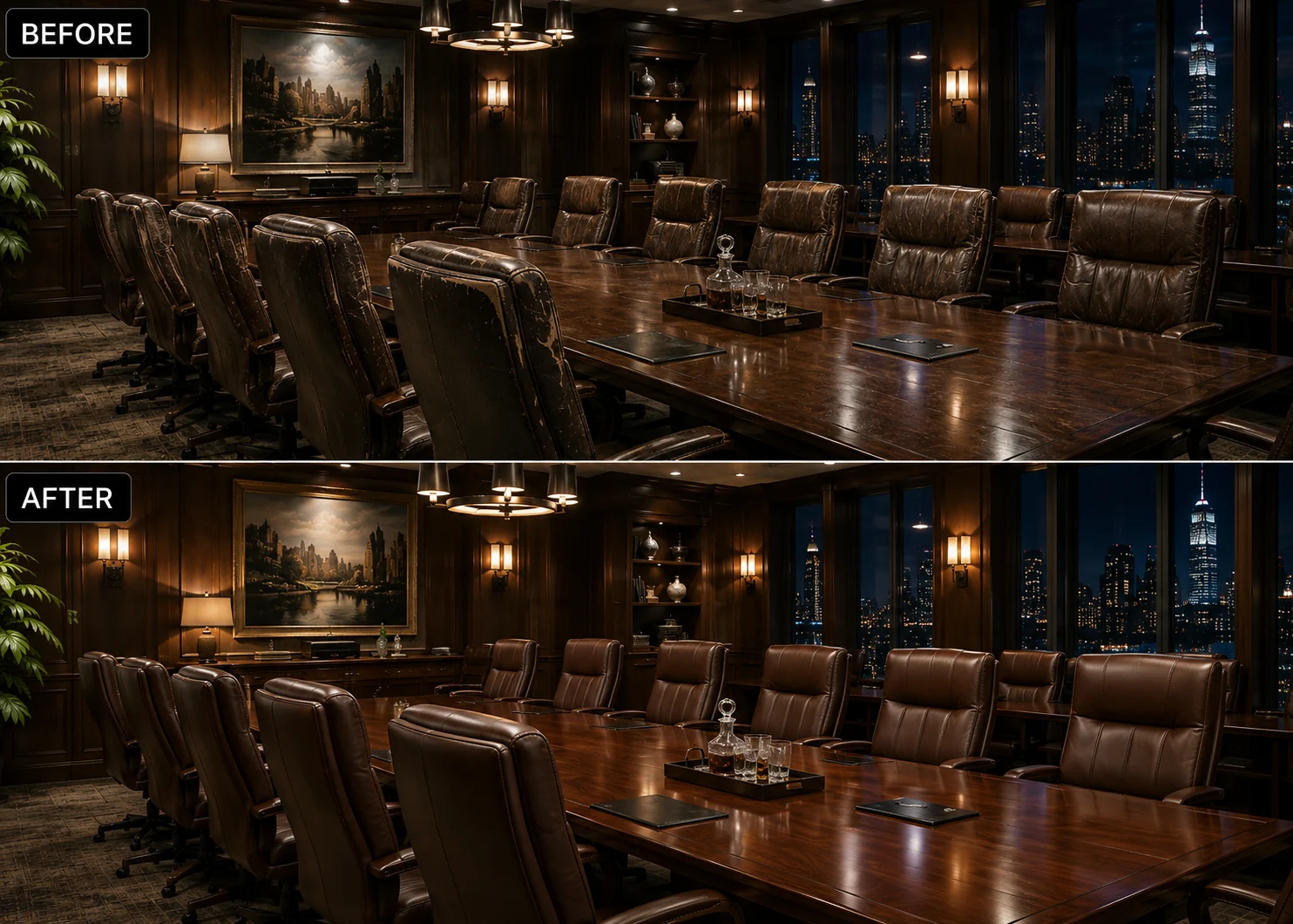 Conference room leather chairs before and after an overnight restoration
