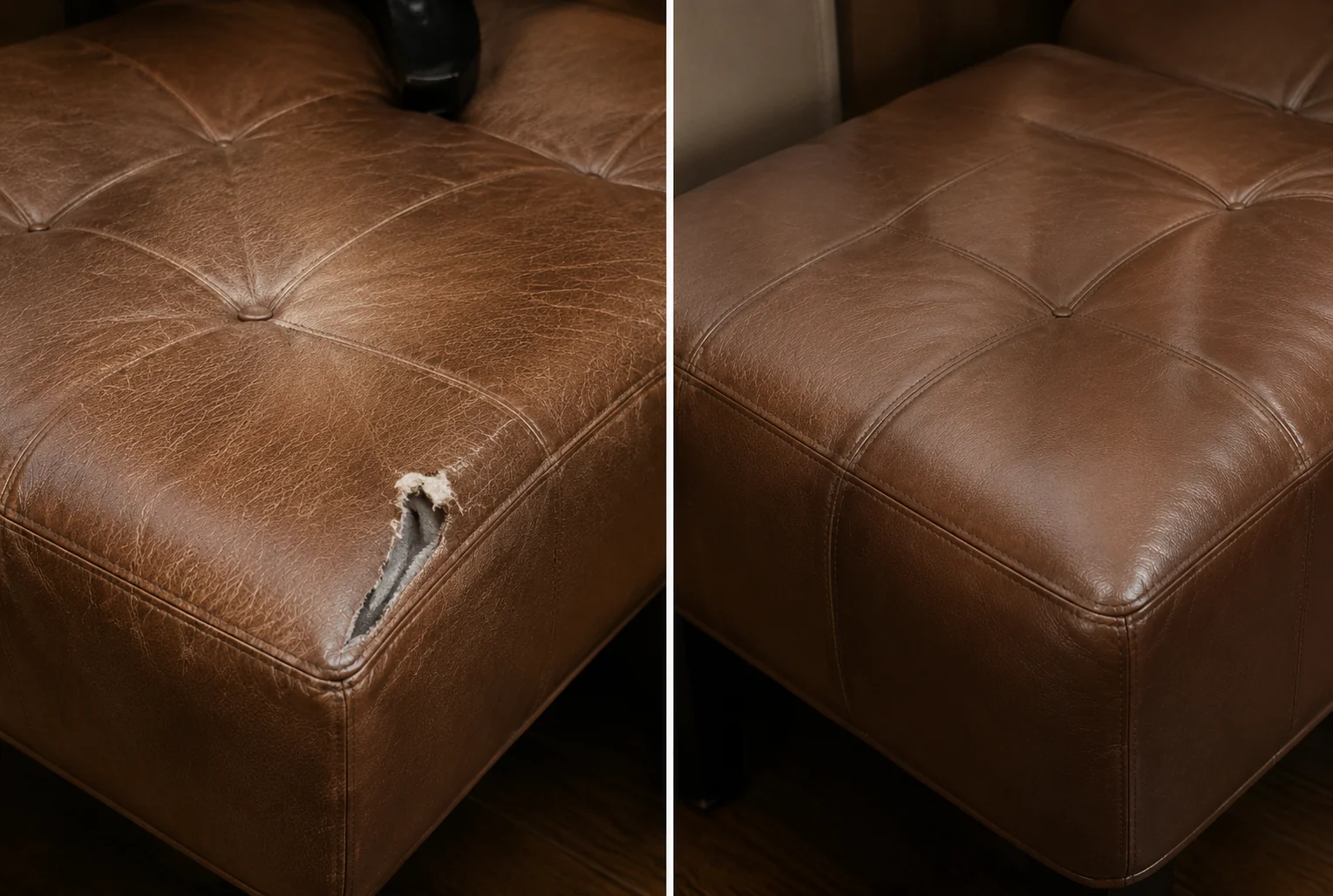 Cracked executive chair seat panel before and after restoration
