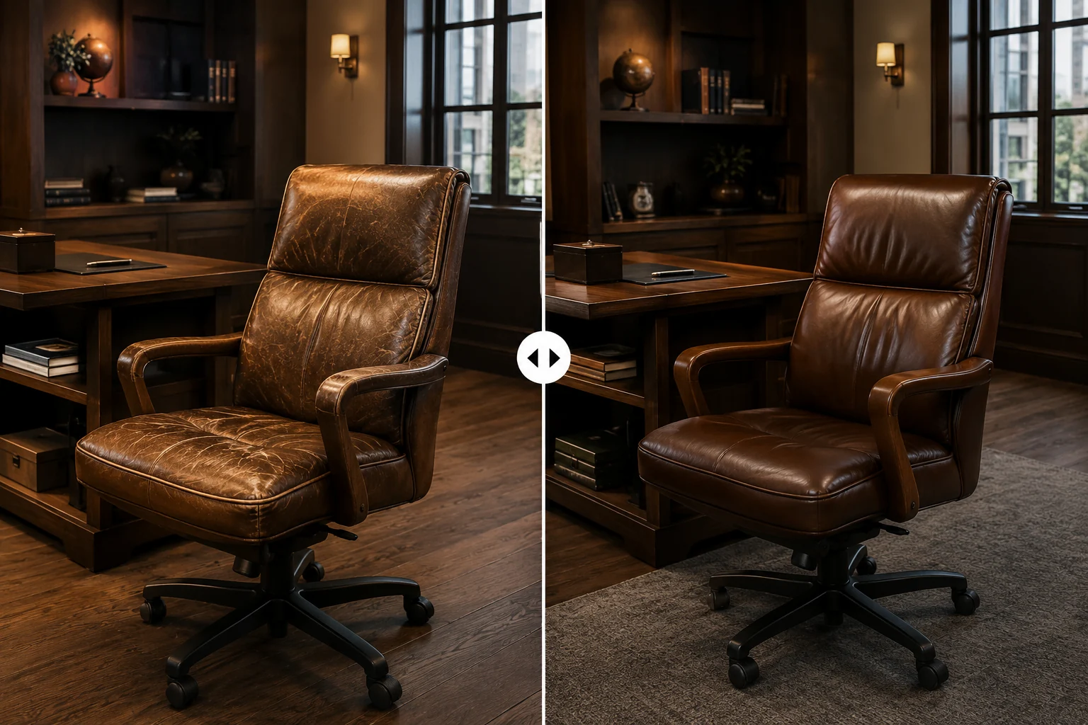 Cracked brown leather executive desk chair before and after restoration