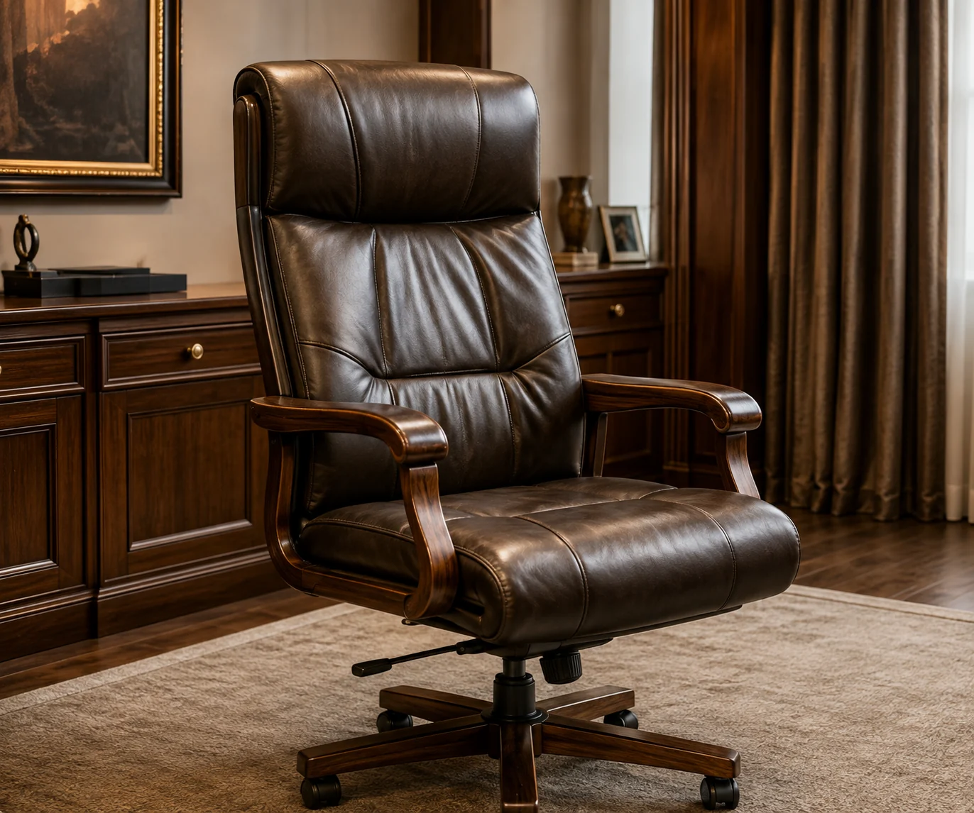 High-back leather executive chair at a partner's desk