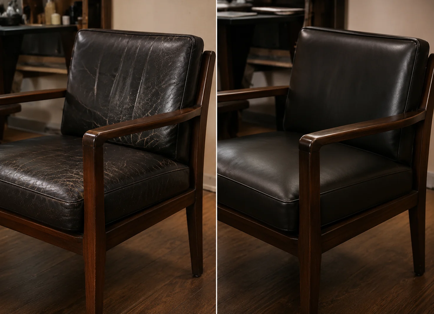 Faded guest chair before and after recolouring