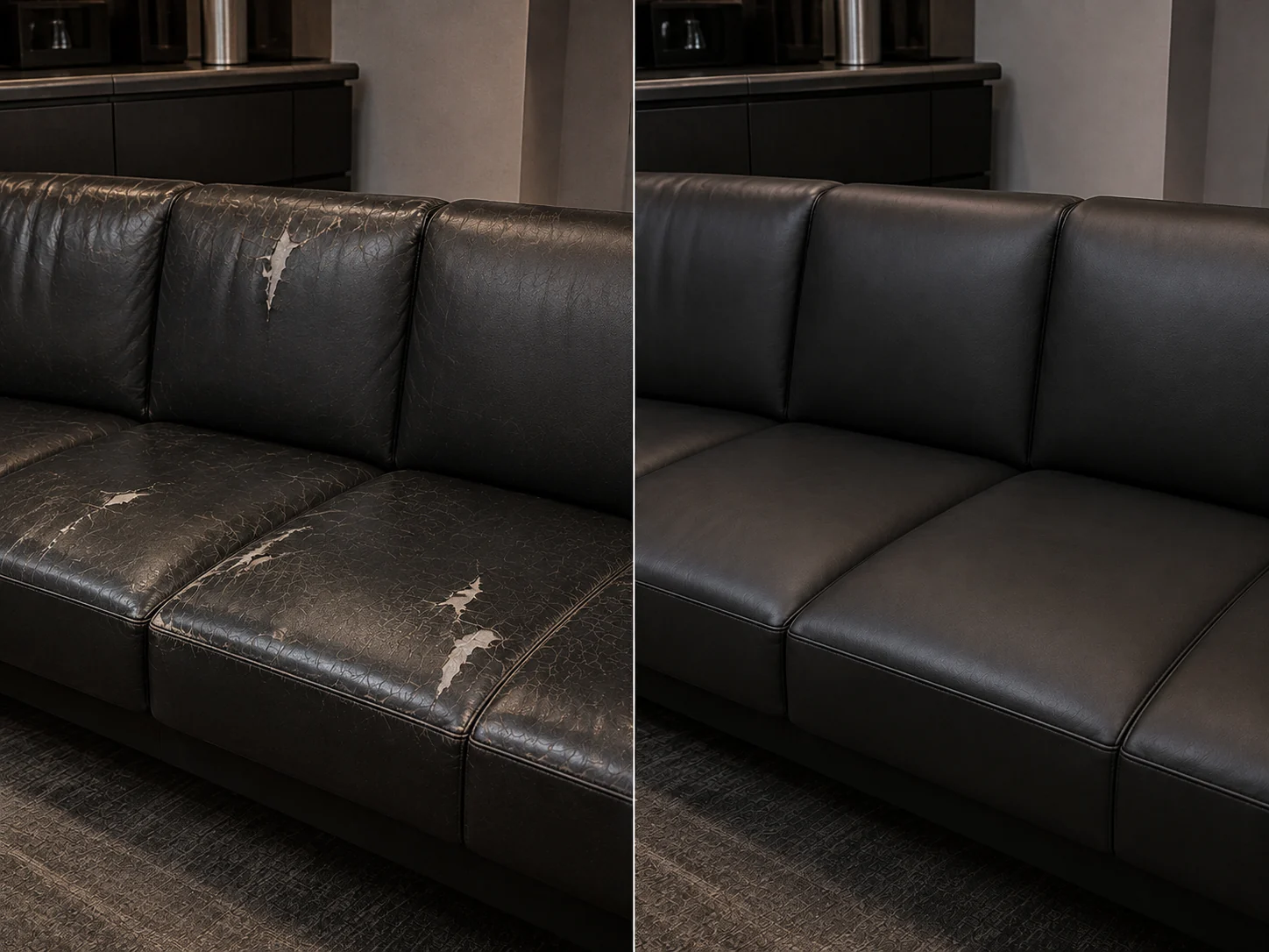 Torn and cracked black leather sofa before and after restoration