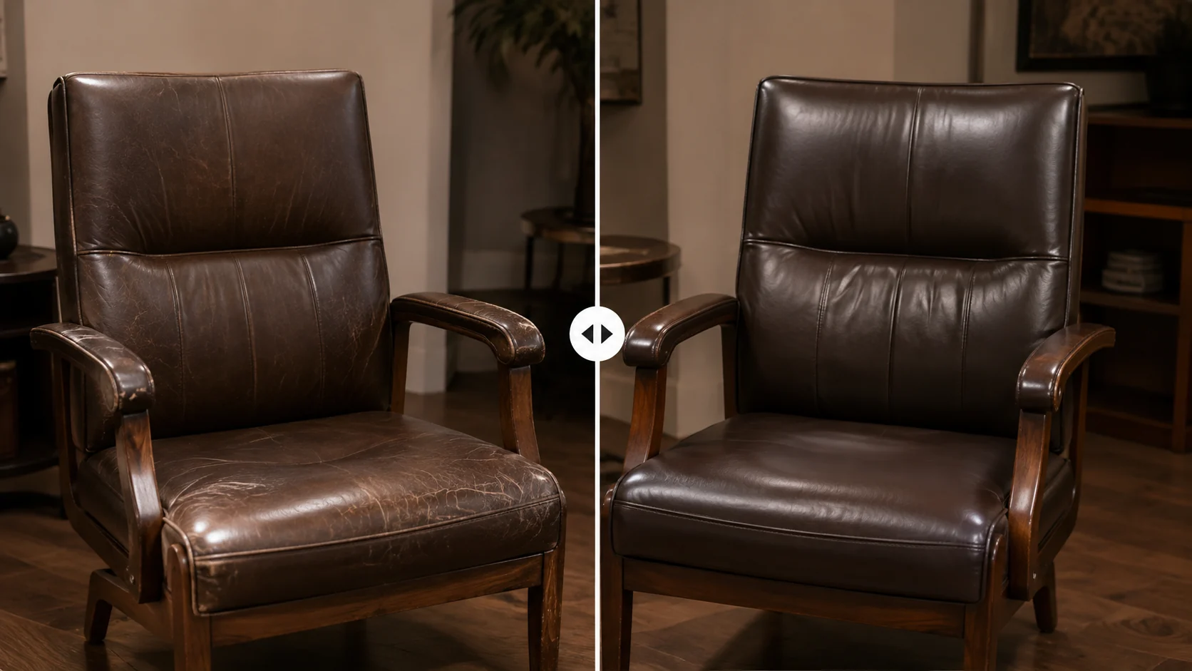 Worn leather lounge armchair before and after restoration