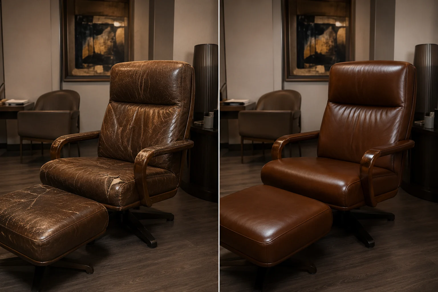 Cracked leather lounge chair and ottoman before and after restoration