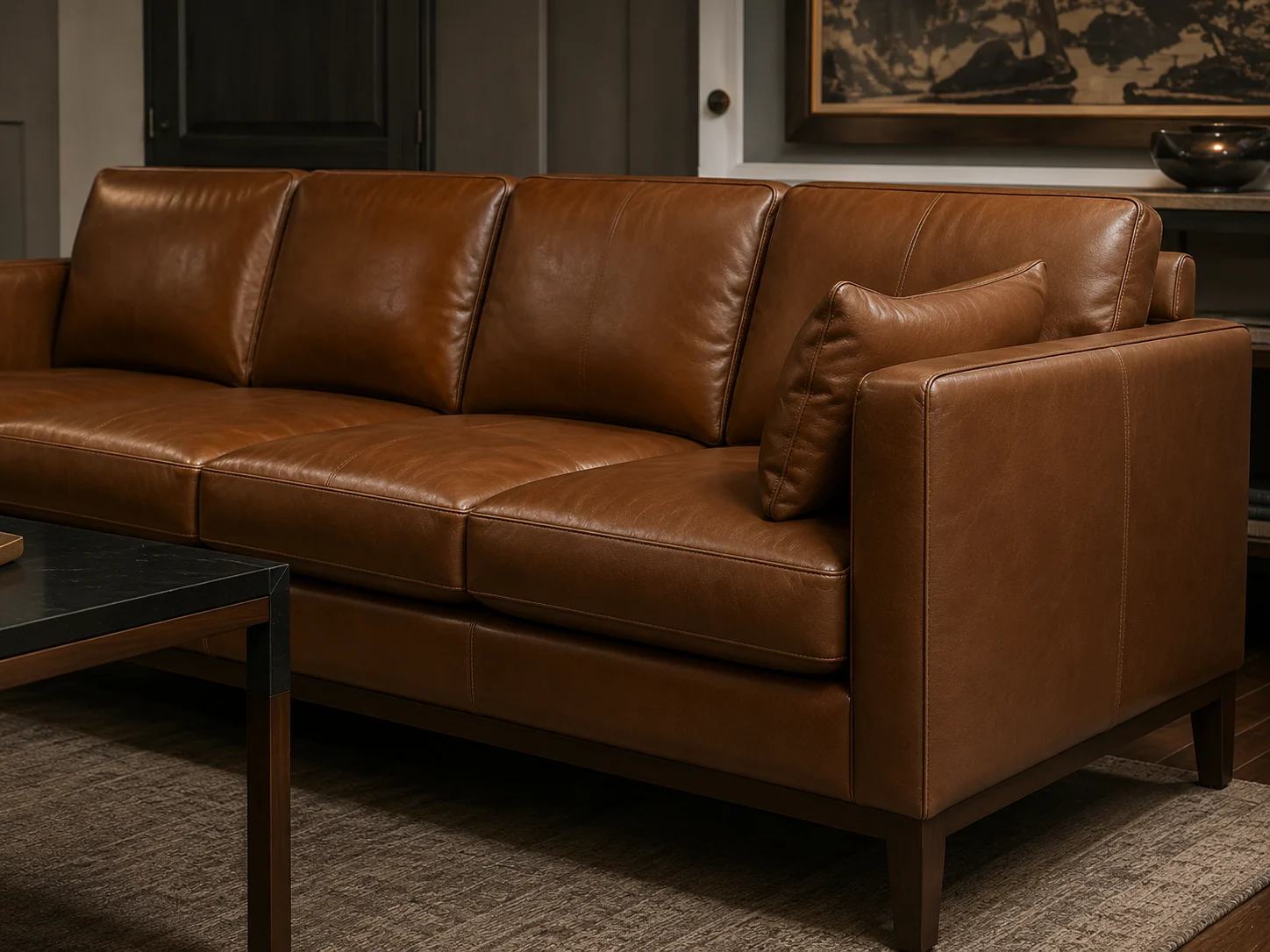 Tan leather sofa in a law firm reception lounge