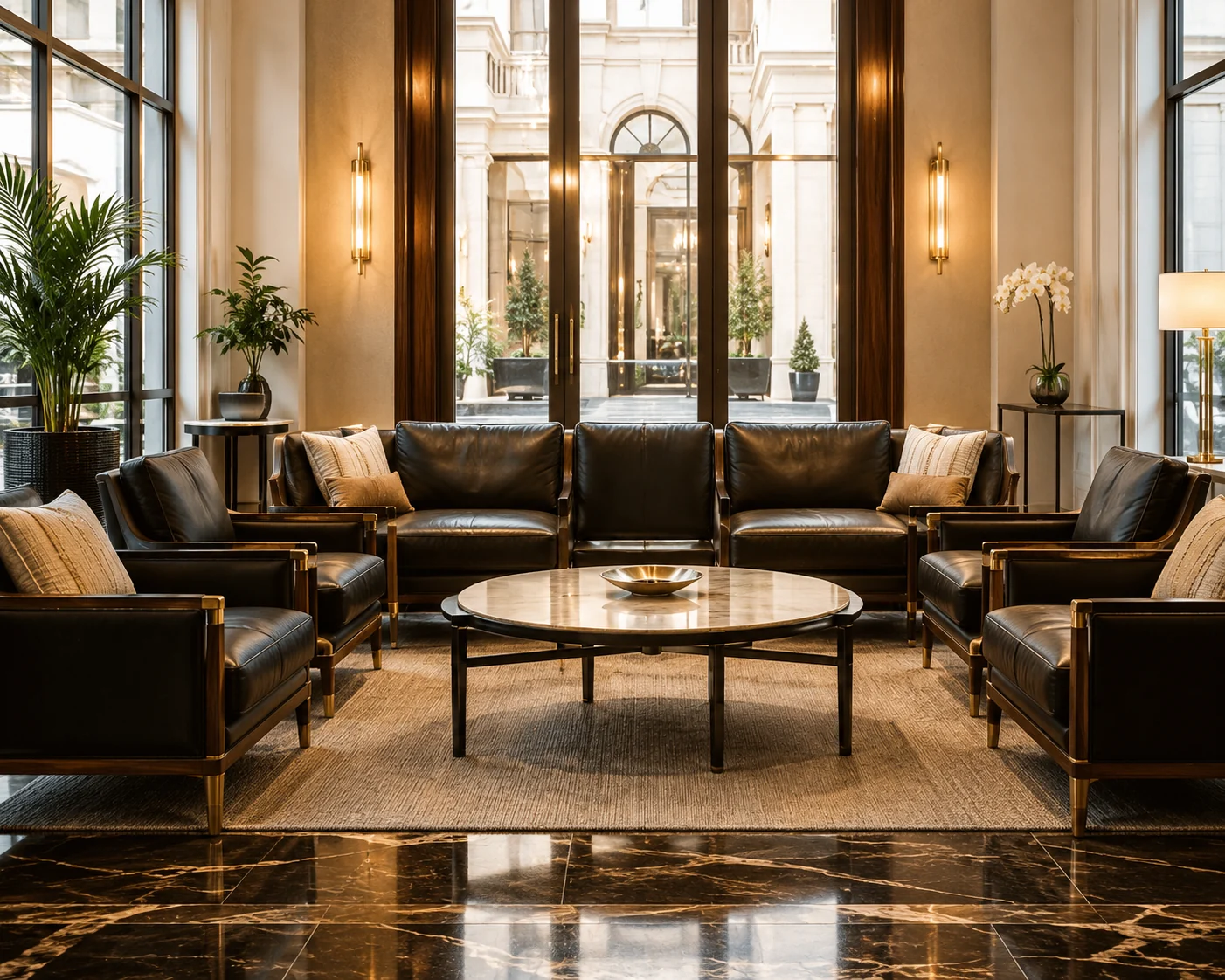 Leather reception seating in a law firm entrance