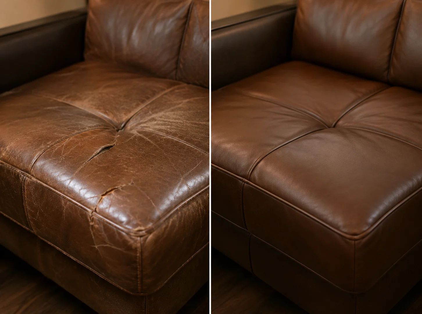 Split leather sofa seat cushion before and after repair