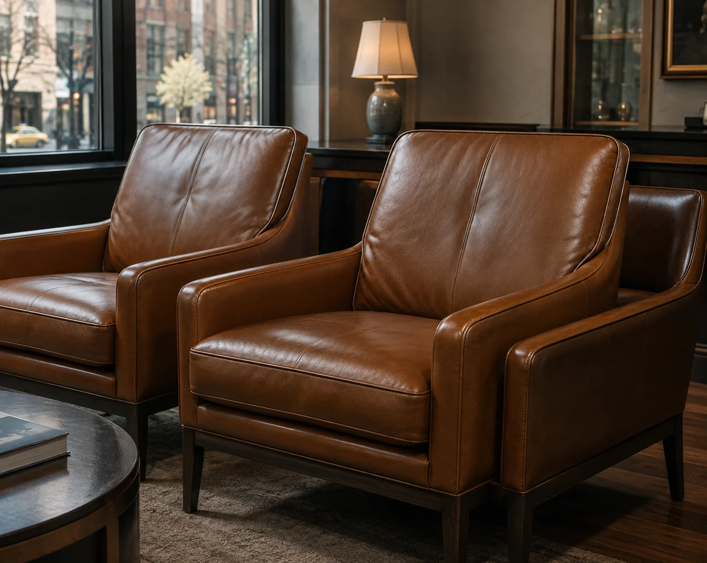 Two tan leather club chairs in a law firm waiting area