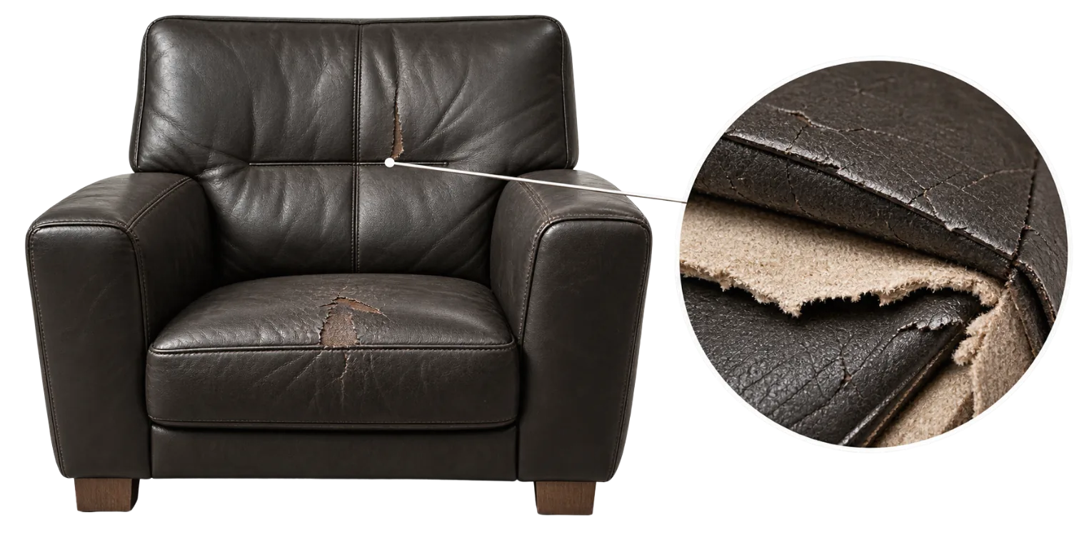 A dark armchair with a cutaway detail showing a different material on its side panel
