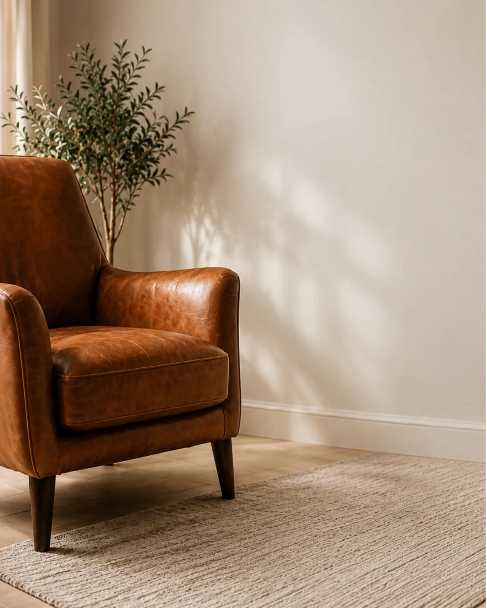 A technician repairing a leather armchair in a client's apartment rather than removing it