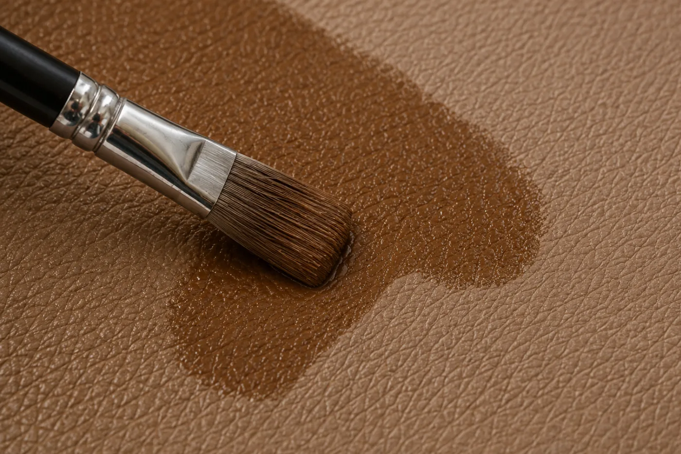 A brush laying thin coats of matched colour across a leather panel