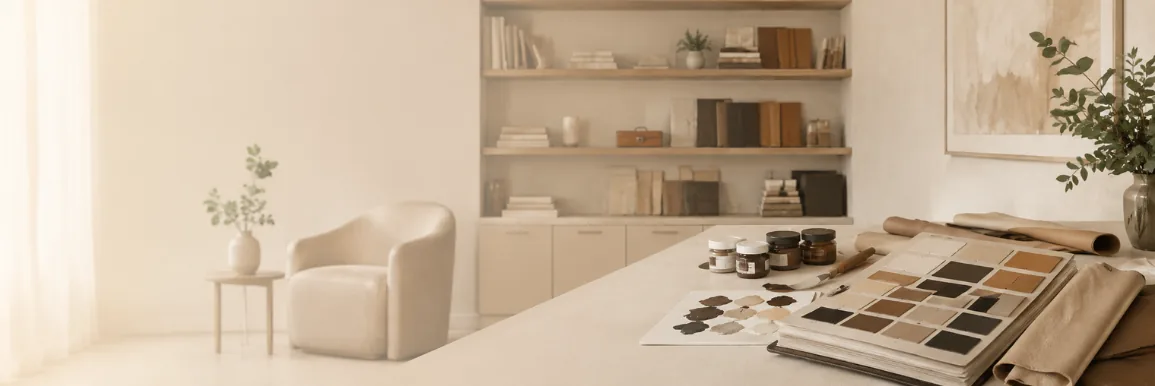 A showroom interior with leather shade samples laid out across a table