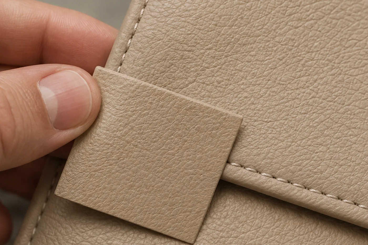 A cured color test card held against leather upholstery for approval