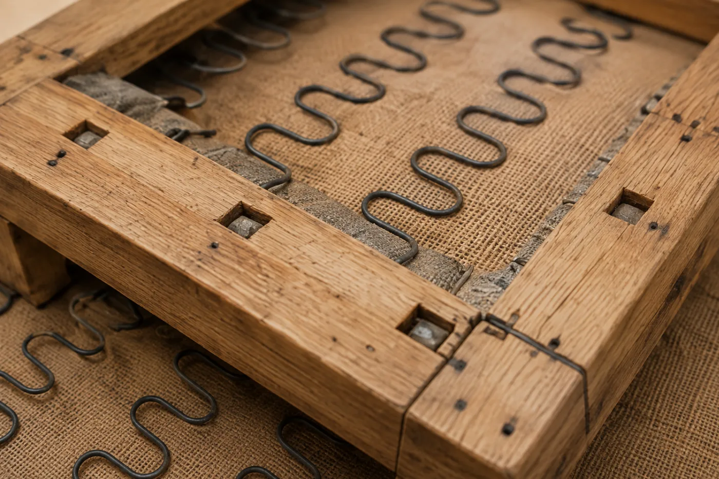A hardwood seat frame with springs exposed, the structural work that comes before any finish