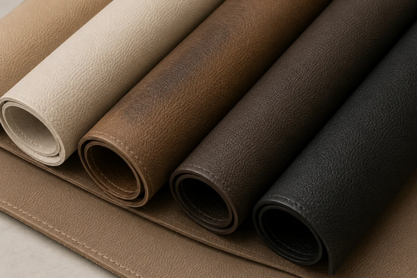 Rolls of leather, vinyl and fabric stood together in a range of browns and neutrals for colour matching