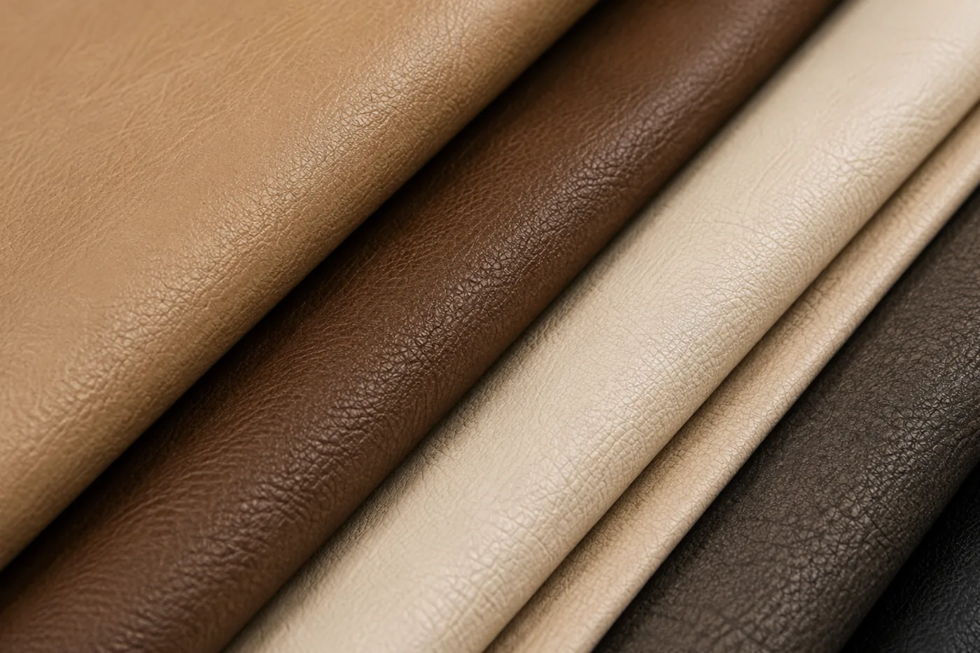 Rolled hide, vinyl and fabric stacked in several shades ahead of a recover