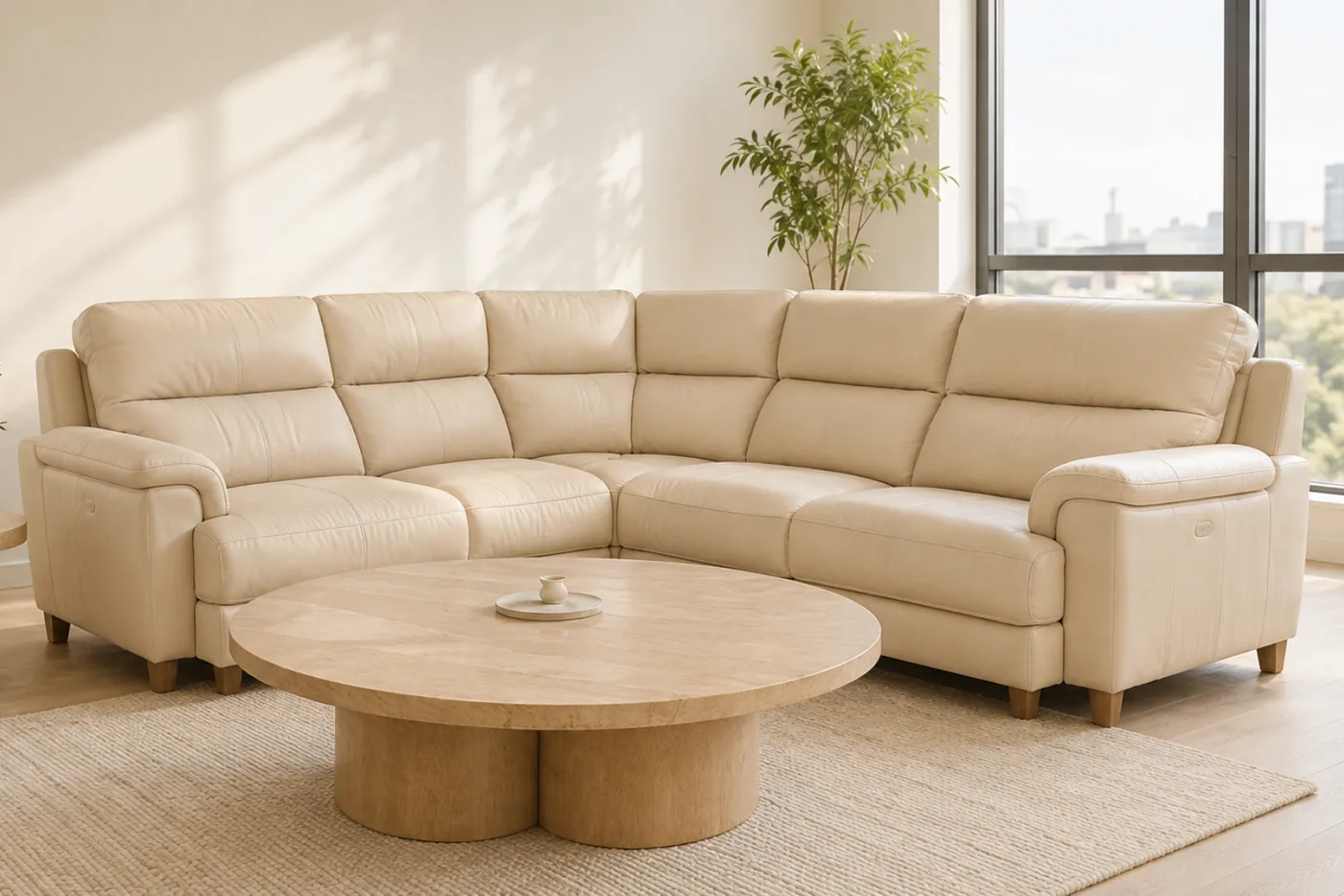 Leather sectional seating in a daylit lounge where the colour match is made in place