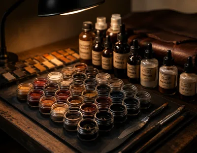 Pigments being mixed and tested against a leather panel during a colour match