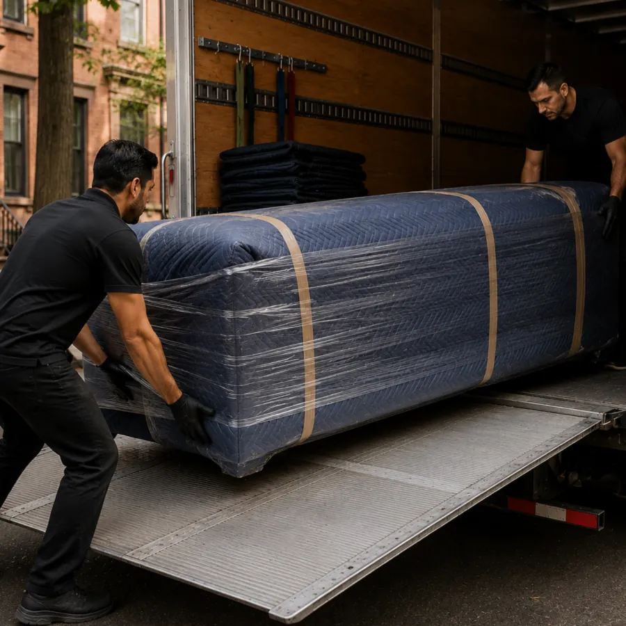 Two technicians loading a wrapped leather sofa into a box truck for pickup and delivery in New York City
