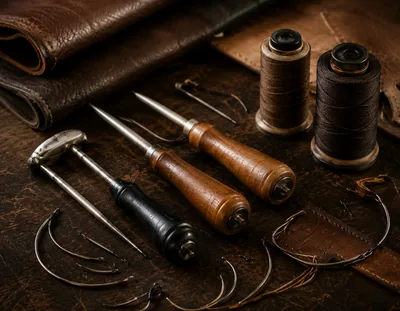 Awls, curved needles and bonded thread for restitching a split seam on a fixed banquette
