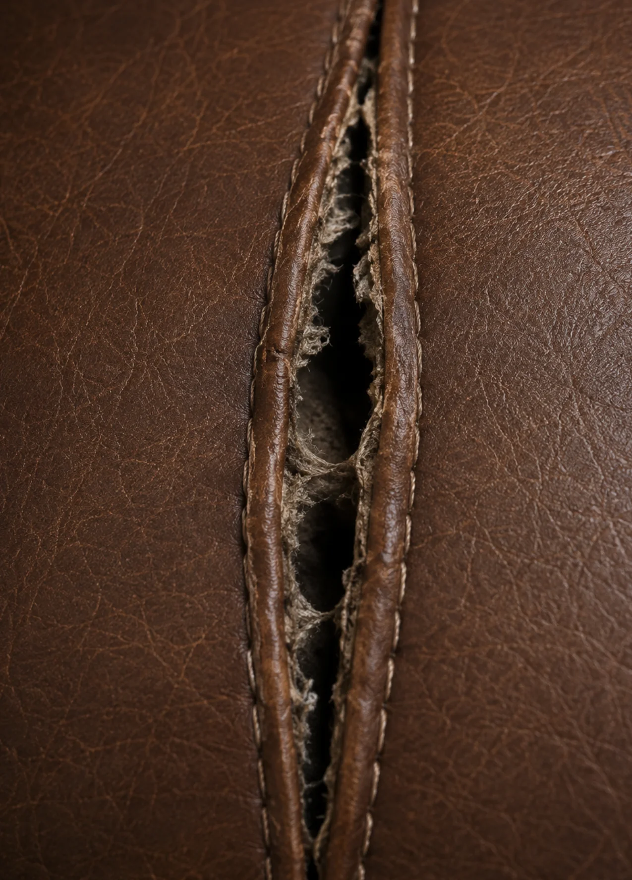 An open seam on dark leather upholstery where the stitching has burst and the panels have separated