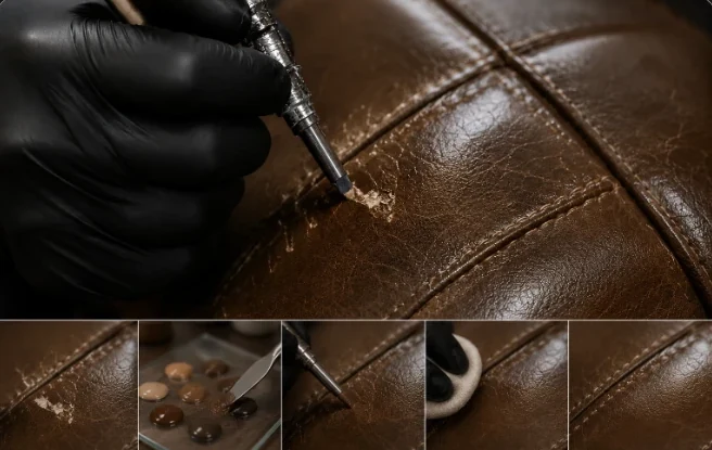 Airbrushing colour into damaged brown leather with the repair and finishing steps below