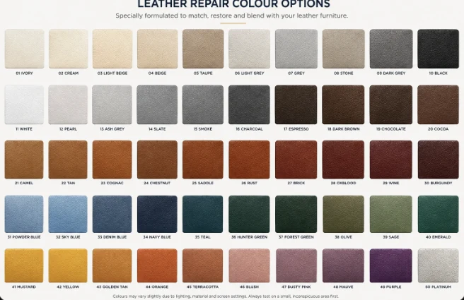 Leather repair colour chart of fifty mixed shades used to match hotel furniture
