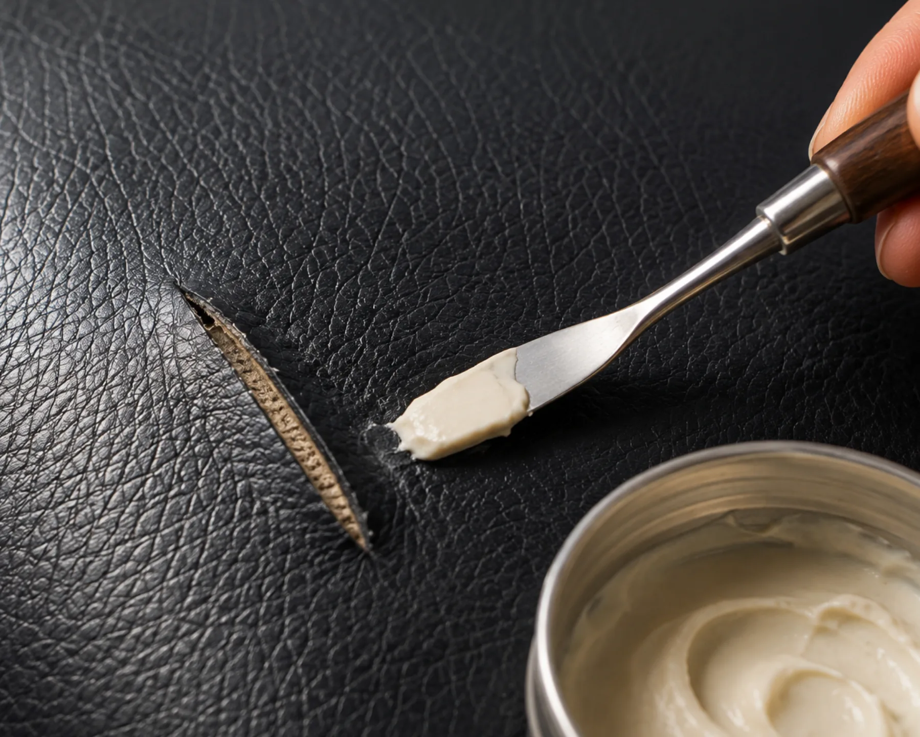 Palette knife loaded with pale flexible filler beside an opening in black leather