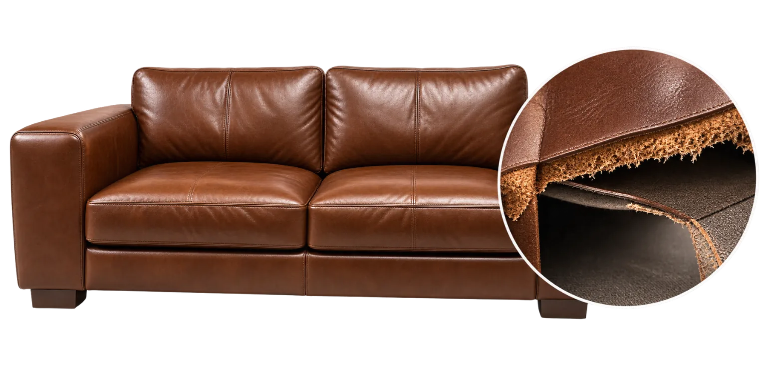 A brown sofa with a cutaway detail showing the fibrous backing behind its outer panel