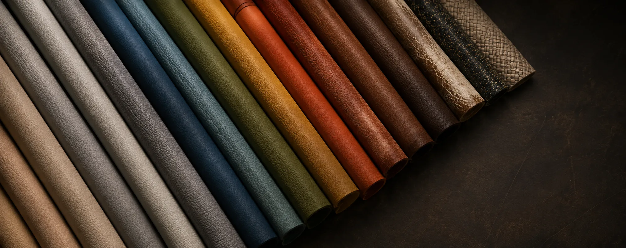 Rolls of leather, vinyl and fabric lined up for color selection