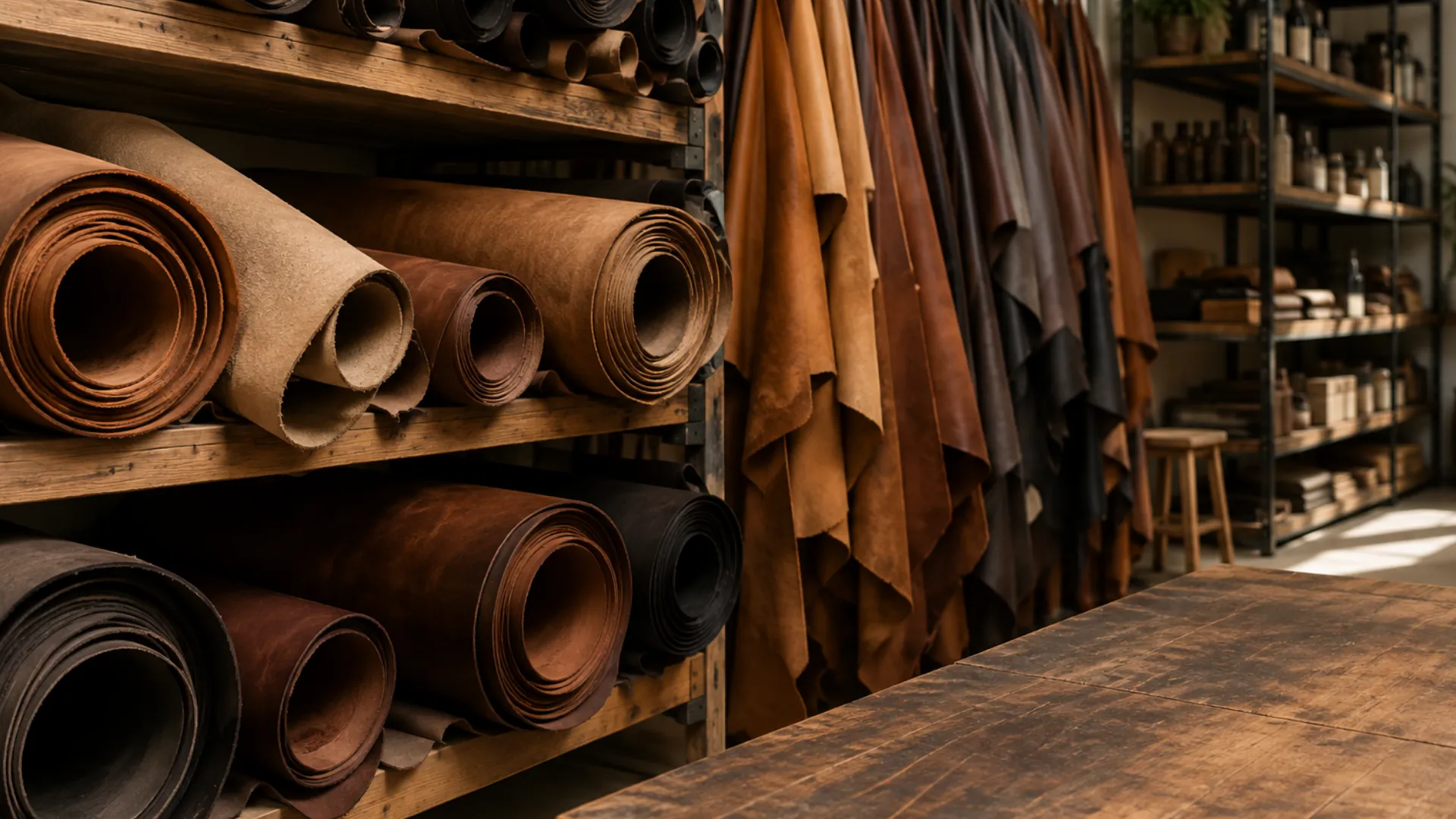 Rolls of leather and commercial vinyl racked in a supplier stockroom
