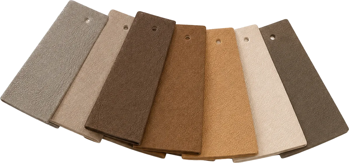 Fan of neutral upholstery swatch cards held for colour matching
