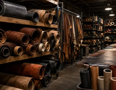 Rolls of hide and vinyl pulled to the grain, weight and finish of the piece being repaired
