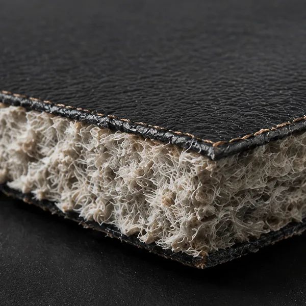 Cut edge of bonded leather, showing a thin coloured coating over a compressed layer of leather fibre and a fabric scrim