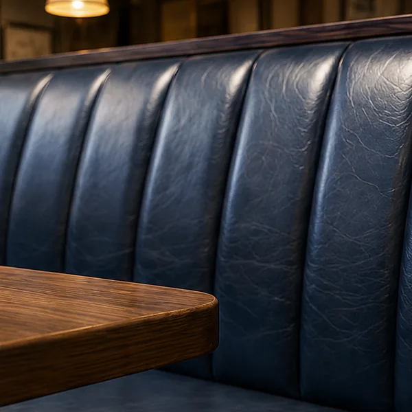 Dark commercial vinyl booth seating in a restaurant, the heavy-gauge surface showing a fine uniform grain