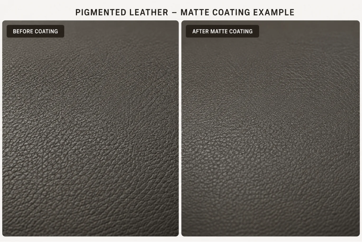 Matte pigmented leather topcoat, absorbing light with almost no visible reflection