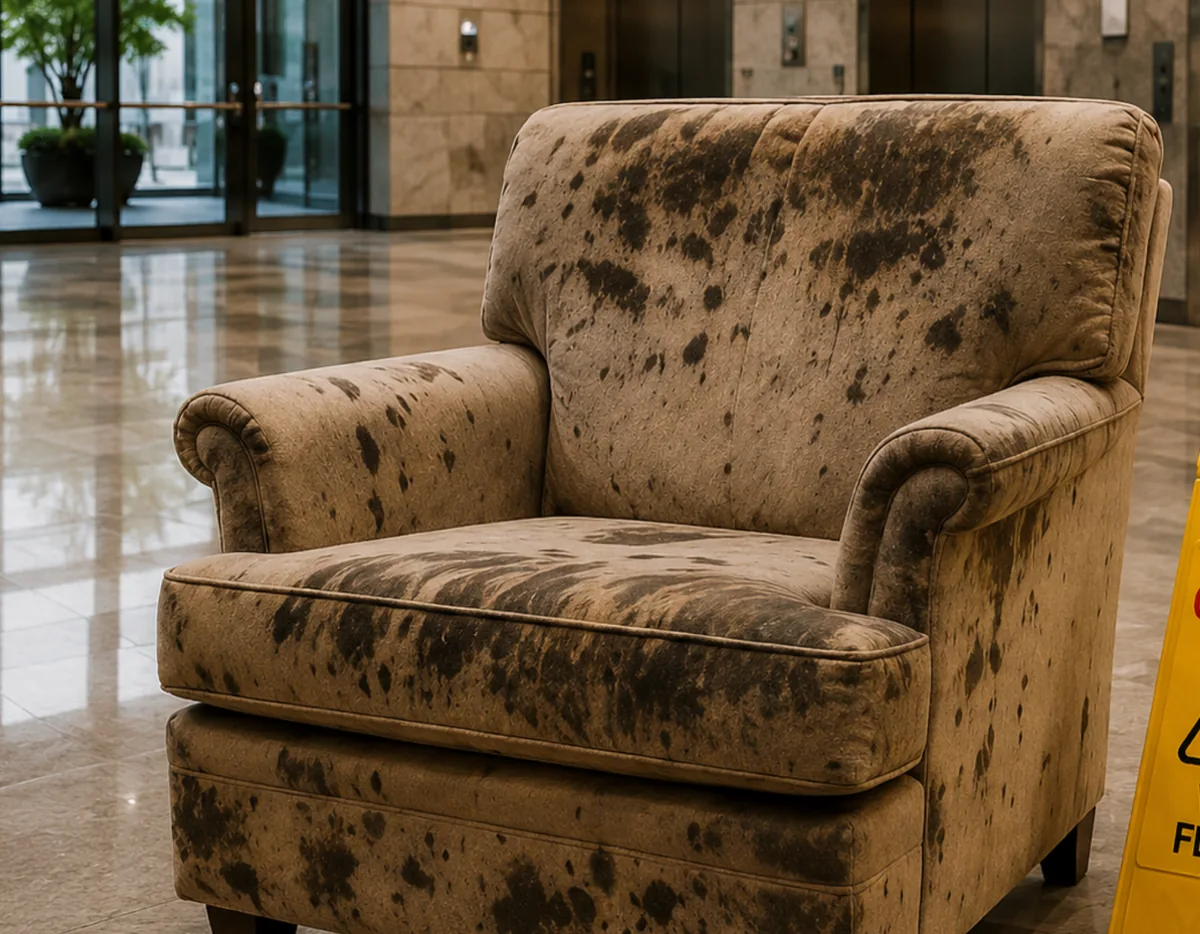 A fabric lobby armchair heavily spotted with mould, standing beside a wet floor sign after a leak