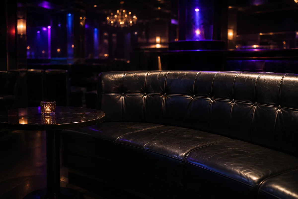 Black leather banquette and cocktail table in a nightclub under blue and purple light