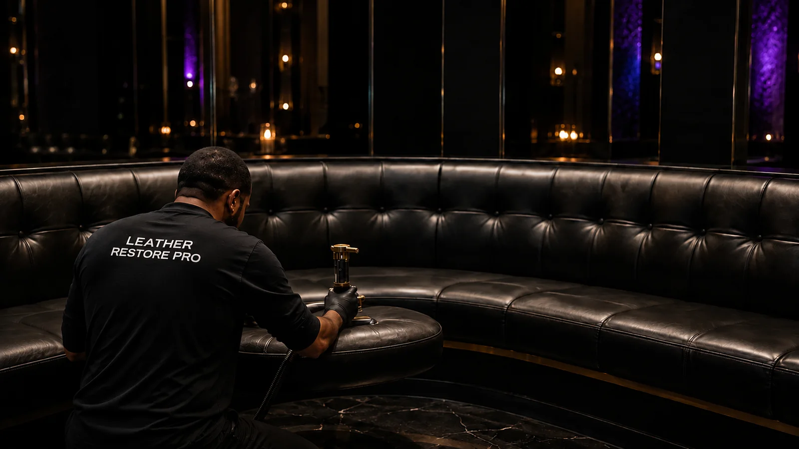 Leather Restore Pro technician working on a curved black leather booth in an empty nightclub