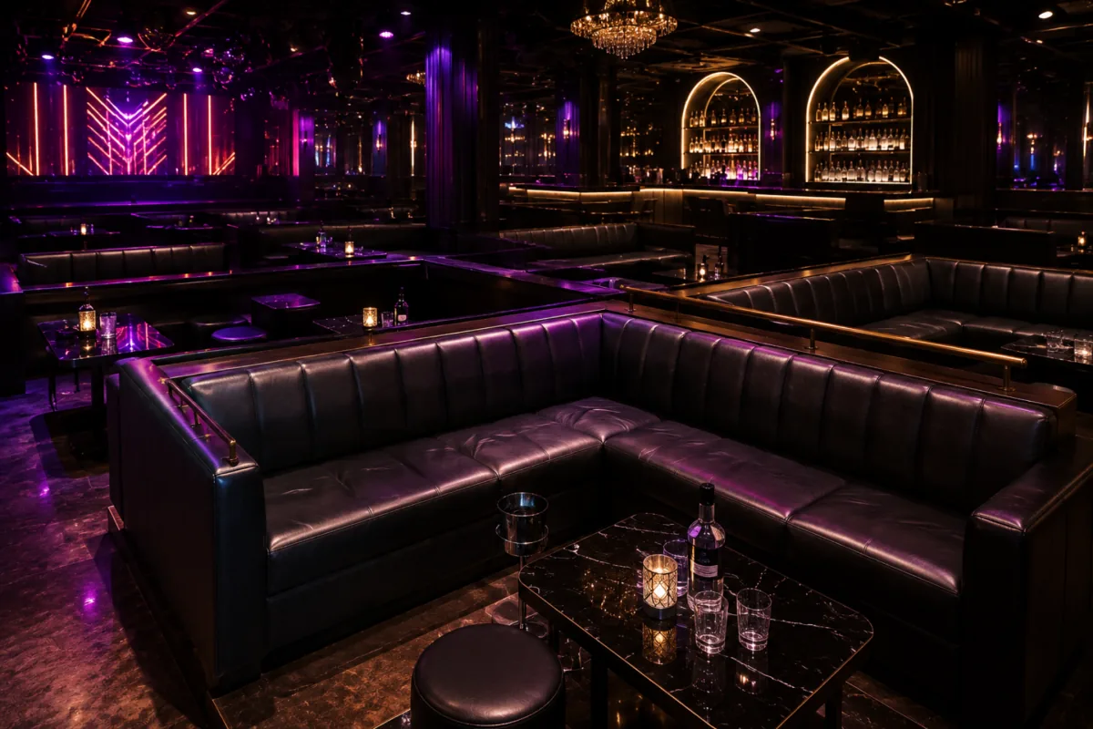 Dark vinyl banquette seating in a nightclub lit with purple lighting