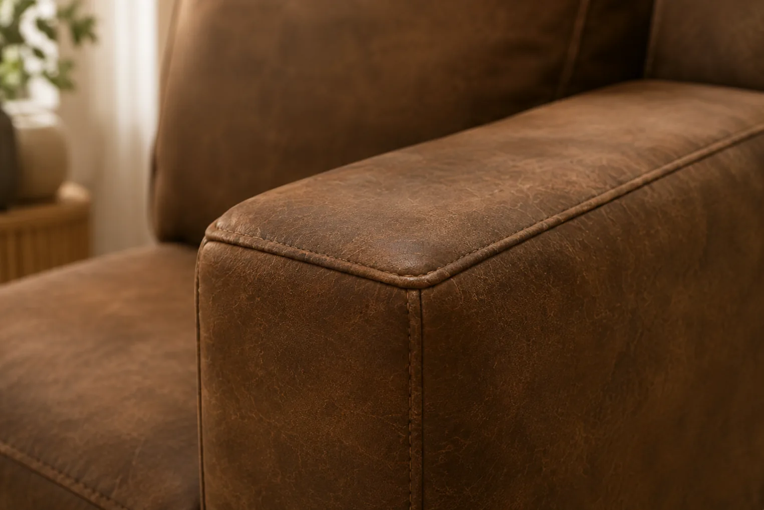 A close-up of a nubuck sofa arm top, the most frequently handled surface on the piece